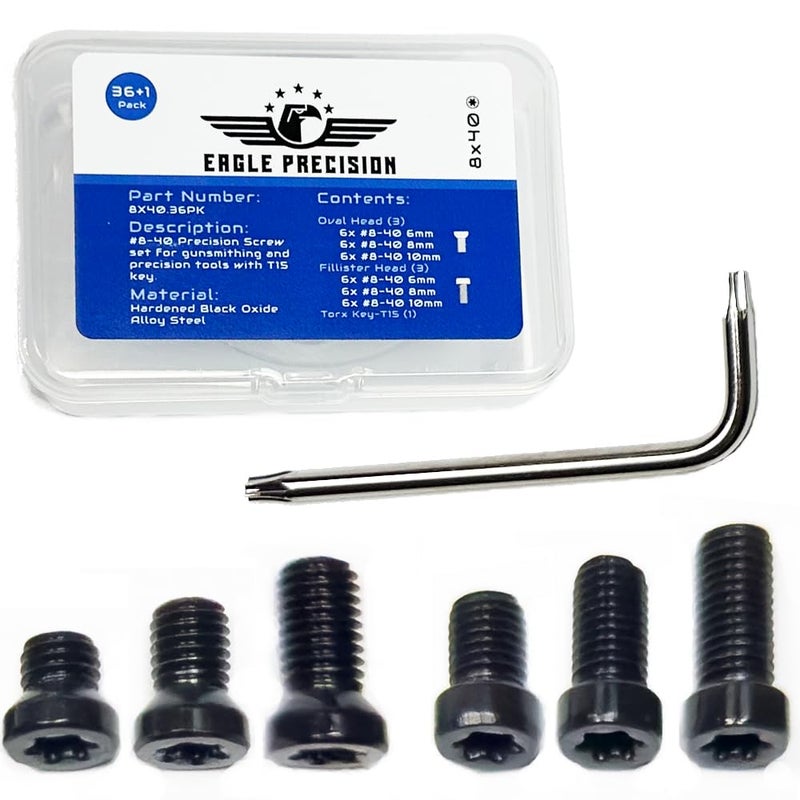 Eagle Precision #8-40 Screw Set | 36 Pcs of 8-40 Screws: 6mm, 8mm, 10mm for Precision Tools, Plates, and Mounts | Includes Oval & Standard Heads, Torx Key - Image 1